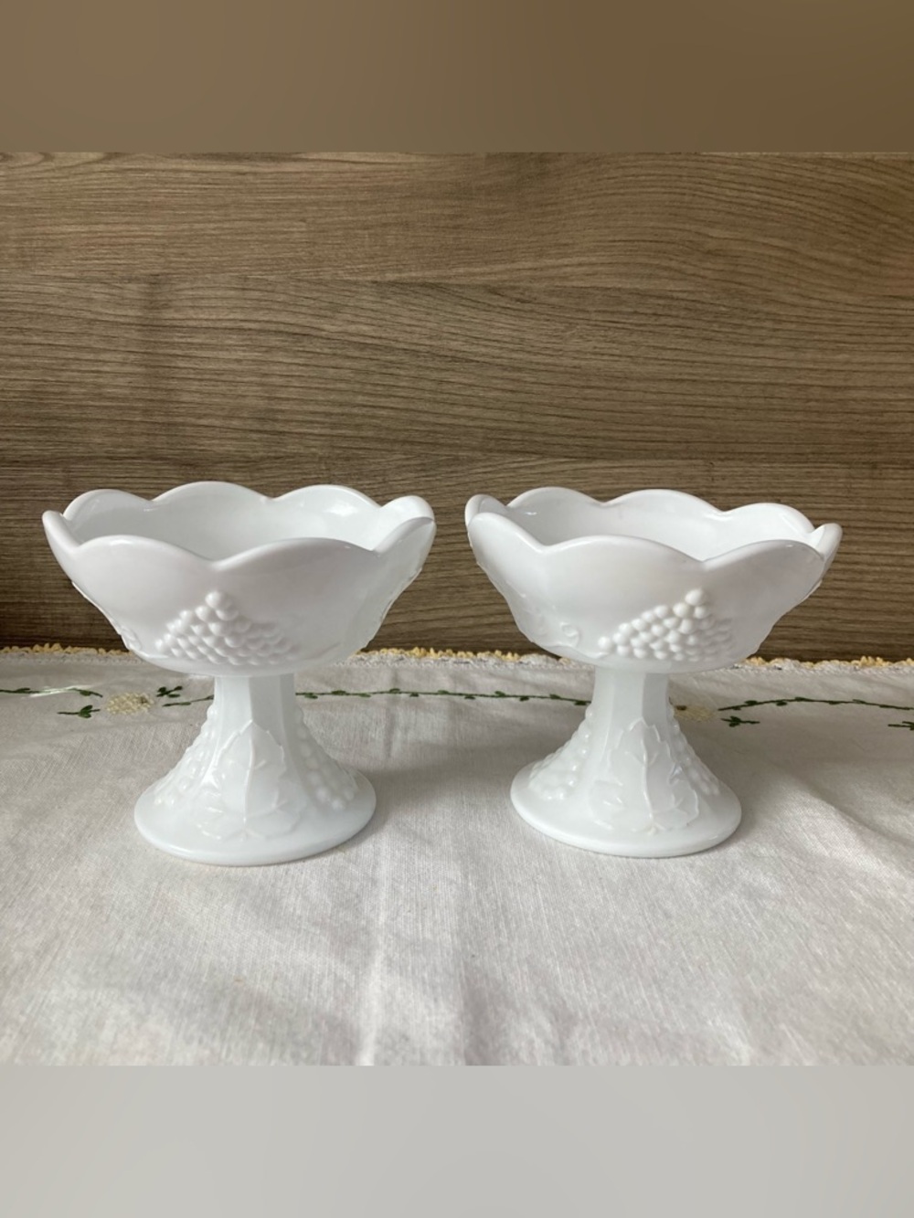 Vintage Pair of Pure White Milk Glass Candleholders with Scalloped Edge